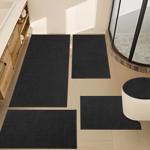 YIHOUSE Black Bathroom Rug Sets 5 Piece, Absorbent Bath Mat for Bathroom Non Slip Washable, Bathroom Mat Quick Dry, Thin Bath Rug Set for Toilet and Floor - color: Black, size: 5 Piece