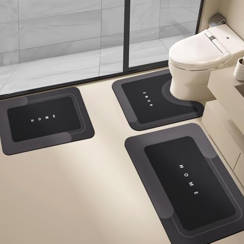 3PCS Absorbent Bath Mat Magic Rug Sets, Quick Drying Bath Mat Non-Slip Floor Rug Rubber Backed for Bathroom Kitchen Shower Sink (16.9''x23.6''+19.7''x23.6''+19.7''x31.9'', Black) - color: Black, size: 3 PCS