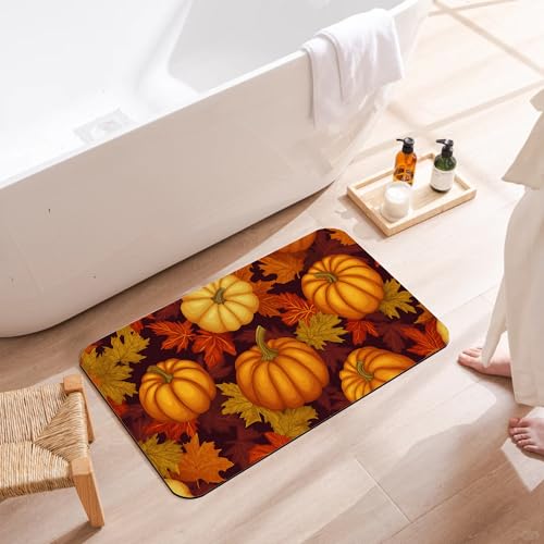 Fall Pumpkin Bath Mat,Fast Drying Thanksgiving Maple Bathmats for Bathroom, Non Slip Soft Diatomaceous Bath Rug Bathroom Accessories Thin Doormat for Home Kitchen 17 X 29.5 Inch - color: Fall Pumpkin