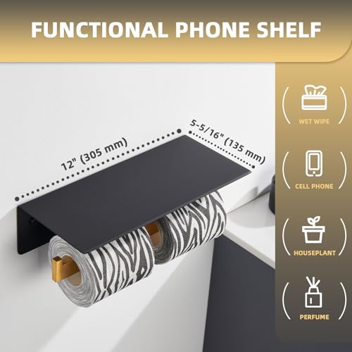 Angle Simple Double Toilet Paper Holder with Shelf, 304 Stainless Steel Bathroom Toilet Tissue Roll Holder for Wall Black and Gold - color: Black & Gold, size: Double Rod