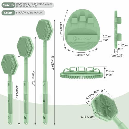 Silicone Back Scrubber & Soft Bath Glove 2PCS, 16''- 21''Extendable Back Scrubber with Dual-Side Large Head, 360° Anti-Slip Hand-fit Silicone Body Scrubber for Rich Foaming Deep Cleaning(Green) - color: Green*2