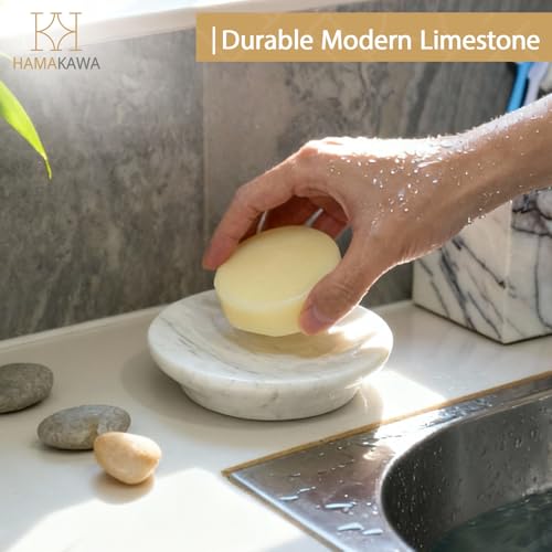 Natural Marble Soap Dish, Round White Jewelry Dish 4.5 Inch, Limestone Shower Soap Holder, Modern Stone Sponge Holder with Beveled Edge, Bar Soap Saver Tray for Bathroom, Kitchen - color: Volakas 4.5-in Circ Beveled