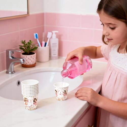 WRAPAHOLIC 3oz Fairy Birthday Paper Cups - 100 Pack Disposable Bathroom Cups with Flower Fairy Castle Design, Small Mouthwash Cup for Toothbrush Rinse, Home Bathroom and Baby Girls Shower - color: Pink Fairy