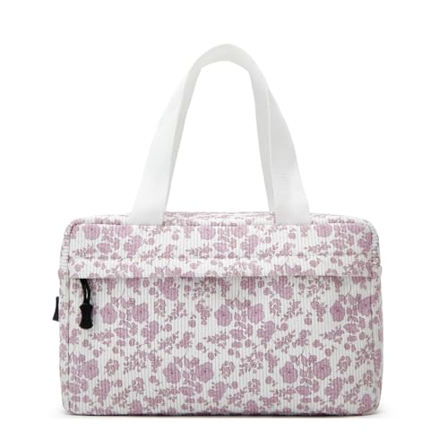 Large Makeup Bag for Women Corduroy Cosmetic bag Make up Bags Zipper Pouch with handle Cosmetic Organizer Toiletry Bag for Travel Storage - color: 16-Pink Flower