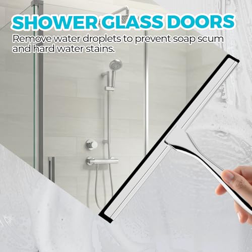 ALFLOD Shower Squeegee for Glass Doors, Tile Walls, Mirrors and Windshields | 10" silver, bathroom accessories, window cleaner, new home essentials, silicone blade, metal handle, adhesive hook - color: Black, size: 10 inch