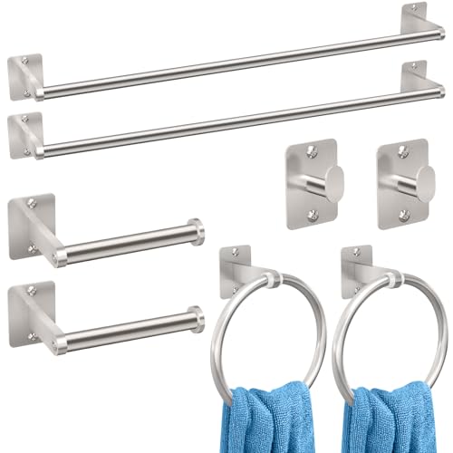 KLJKPA 8-Piece Brushed Nickel Bathroom Hardware Set, 24 inch Towel Bar | Towel Racks for Bathroom Accessories Set, Robe Towel Hooks, Toilet Paper Holder Wall Mounted - color: Brushed Nickel (8 Piece), size: 24 inch