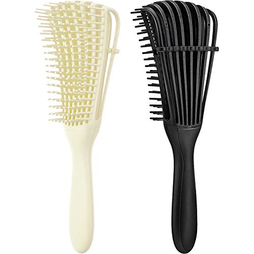 2 Pieces Detangling Brush for Afro America/African Hair Textured 3a to 4c Kinky Wavy/Curly/Coily/Wet/Dry/Oil/Thick/Long Hair, Knots Detangler Easy to Clean (Beige, Black) - color: Beige, Black