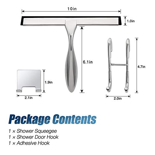 Simtive 10-Inch Shower Squeegee Set, Includes Shower Door Hook and Adhesive Hook, Squeegee for Shower Doors, Mirror and Window, Silver - color: Silver, size: 10-Inch