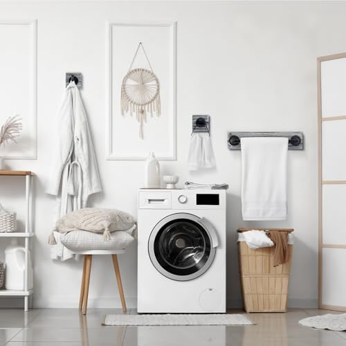 MyGift 4 Piece Wall Mounted Bathroom Hardware Set, Rustic Torched Wood and Industrial Matte Black Metal Pipe Towel Ring, Robe Hook, Toilet Paper Holder and Towel Bar - color: Torched Wood