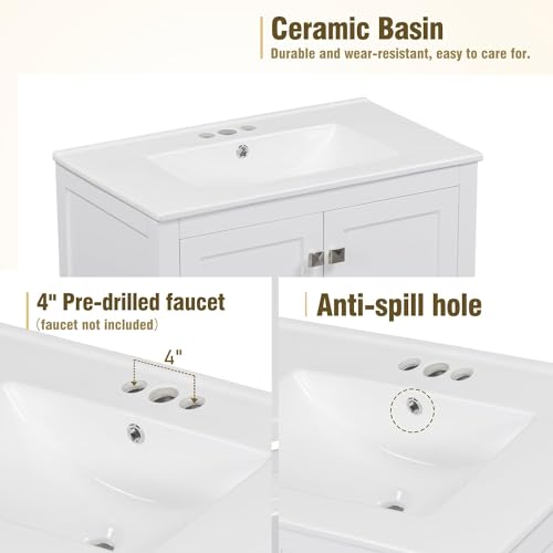 Linique 30" Modern Bathroom Vanity with Sink Combo Set, Solid Wood Frame Bathroom Storage Cabinet with 2 Soft Closing Doors and a Drawer, Multifunctional Storage, White - color: White