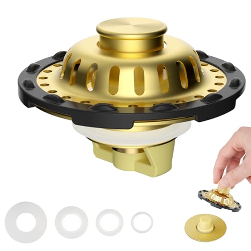 Universal Bathtub Drain Stopper, Brass Metal Shower Hair Catcher, Brushed Gold | 3 in 1 Bathroom Sink Strainer with Visible Top Filter, Tub Stopper for Standard 1.1''~2.36'' Sink Hole - color: Brushed Gold