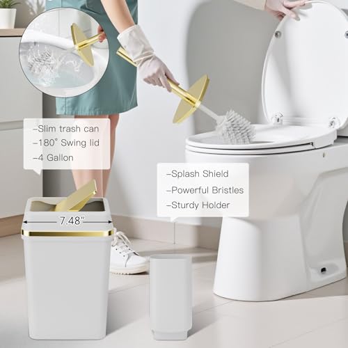 9PCS Bathroom Accessory Set, White Bathroom Set, Bathroom Accessories Set Complete with Trash Can, Toothbrush Holder, Soap Dispenser, Toilet Brush, Bathroom Decor - size: Bath Set with 4 Gallon Trash Can, style: White Swing-Top