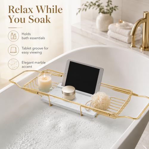 Expandable Bathtub Tray, Stainless Steel Bath Table Tray with Marble Board, Modern Luxury Bathtub Shelf for Bathrooms, Kitchen Sink (Gold + White) - color: Gold + White