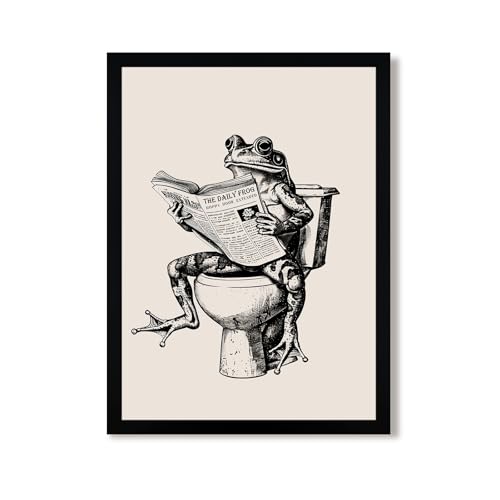 Urmoya Funny Frog on Toilet Bathroom Decor Framed Wall Art 12x16 in | Wood frame, Frog reading newspaper print, Humor decor, Canvas wall art, Ready to hang, for bathroom or restroom - color: Frog, size: 16"L x 12"W