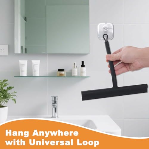 Squeegee for Shower Glass Doors, Resilient Loop - No-Drill & Adhesive Hook, Silicone Shower Squeegee with Stainless Steel Core, Cleaning Tool for Home, Kitchen, Bathroom & Car - Black - color: Black, size: with loop