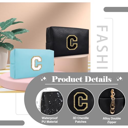 Personalized Initial A-Z Preppy Patch Makeup Bag,Small PU Chenille Letter Cosmetic Bag with Zipper for Teen Girls,Black Cute Toiletry Organizer Bag,Monogram Makeup Case Gift for Women Girls,Letter C - color: Black,Black-Letter, size: C