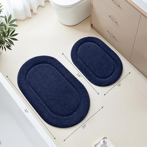 HOMEIDEAS Bathroom Rugs Sets 2 Piece, Soft Bathroom Mats and Absorbent Microfiber Machine Washable Bath Mats for Shower Room, Bathtub, Kitchen (20" x 32" + 16" x 24", Navy Blue) - color: Navy Blue