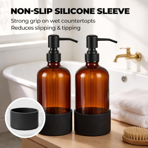 16 oz Hand and Dish Soap Dispenser Set for Kitchen and Bathroom, 500ml Amber Glass Soap Dispenser with Stainless Steel Pump, Non-Slip Silicone Sleeves, Labels - 2 Pack - color: Amber