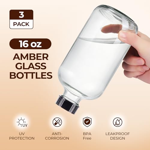 3 Pack,16 OZ Clear Glass Bottles Boston Round Sample Refillable Bottles with Black Caps, Perfect Glass Containers for kombucha, Secondary Fermentation,Storing condiment,Homemade Essential Oils - color: Clear
