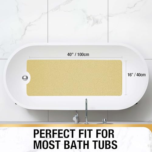 HITSLAM Non Slip Bathtub Mat 40 x 16 Inch, Extra Long Bath Mat for Tub, Soft PVC Loofah Shower Floor Mat with Drain, Quick Drying Bathroom Tub Mat for Wet Area, Without Suction Cup, Beige - color: Beige, size: 40" x 16" (Rectangular)