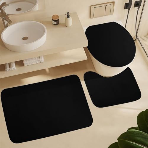 Bathroom Rugs Set 3 Piece Minimalist Solid Black Bath Rug Mat Set, Non Slip Absorbent Bathroom Decor Mat, Toilet Lid Cover & U Shaped Contour Rug - color: Black, size: 1'8" x 2'6" (Rectangular)