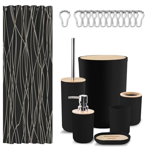 Britimes Bathroom Accessories Set, 19PC Black Shower Curtain Set with Trash Can, Soap Dispenser, Toilet Brush Holder, Toothbrush Holder and Toothbrush Cup for Bathroom Decor - color: Black2