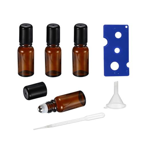 5ML Roller Bottles for Essential Oil, 4 Pack Empty Amber Glass Roller Bottle for Perfume Oil, Roll on Bottles with Stainless Steel Roller Balls, Opener, Funnel and Dropper - size: 5ml_4pcs