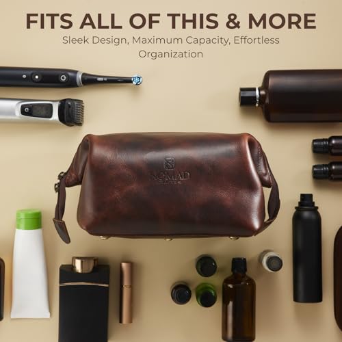 NomadCraftsCo. Premium Leather Travel Toiletry Bag for Men and Women, King-Size Dopp Kit with Waterproof Lining, Mens Toiletry Travel Bag - color: Brown
