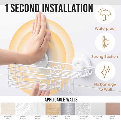 LEVERLOC Shower Caddy Suction Cup, Heavy Duty Bathroom Organizer | Shower Organizer for Inside Shower with Hooks & Soap holder, NO-Drilling Bathroom shelves-White - color: 1 × White