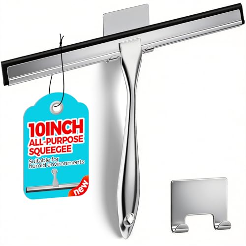 ALFLOD Shower Squeegee for Glass Doors, Tile Walls, Mirrors and Windshields | 10" silver, bathroom accessories, window cleaner, new home essentials, silicone blade, metal handle, adhesive hook - color: Black, size: 10 inch