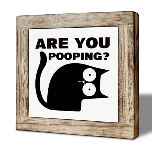 Funny Bathroom Decor, Are You Pooping Cat Sign, Funny Bathroom Toilet Table Decoration, Freestanding Decoration for Toilet and Restroom, Square Wood Block Sign Table Decor 5.9×5.9 inch - color: color36