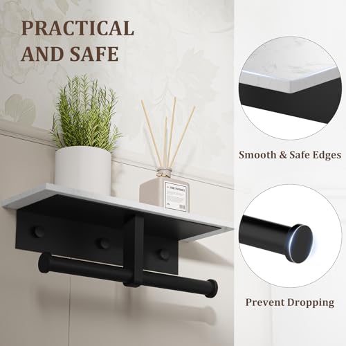 BWE Double Toilet Paper Holder with Shelf, Wall Mounted Tissue Roll Holder for Bathroom, Commercial Toilet Paper Dispenser, Marble Toilet Paper Storage Holder with Phone Shelf (Matte Black) - color: Double Black