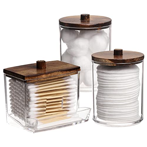 Tbestmax 3 Pack Qtips Holder Bathroom Container, 10 oz Cotton Ball/Swabs Dispenser, Apothecary Jar Organizer for Storage Brown Wood Lids - color: Group A-Brown Wood