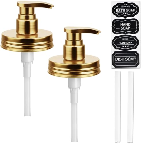 Amolliar Plastic Mason Jar Soap Dispenser Lids(2) - Universal Pump Replacement for Regular Mouth Jar - Long Tubes & Cute Lables - for Kitchen, Bathroom, Dish Soap, Lotions, Hand Soap, Gold - color: Gold