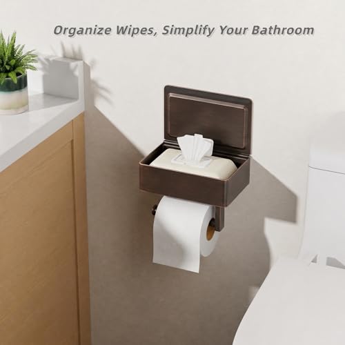 FORIOUS Toilet Paper Holder with Shelf, Sanitary Napkin Receptacle Tampon Holder, Wall Mount Toilet Paper Holder with Storage, Flushable Wipes Dispenser Fits for Bathroom Commercial(1, ORB) - color: Oil Rubbed Bronze, size: 1 Pack-8" (L)