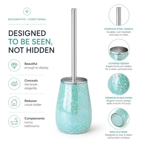 Escenzy Turquoise Green Toilet Brush and Holder Set – Handcrafted Mosaic Glass Holder, 304 Rust-Resistant Stainless Steel Toilet Bowl Brush – Decorative Luxury Bathroom Accessory - color: Turquoise