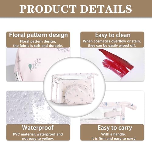 Richeart Makeup Bag, Clear Bag with Zipper, 3PC Floral Flowers Makeup Pouch, Waterproof Small Pouch, Portable Travel Toiletry Bag, E - style: E