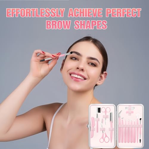 Eyebrow Kit, 17 in 1 Tweezers for Women Facial Hair, Hair Scissors with Comb, Eyebrow Trimmer, Brow Brushes, Hair Tools Travel Bag, Professional Grooming Tweezer Set - color: Pink