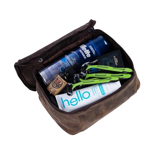 KomalC Leather Toiletry Bag For Men & Women, Handcrafted Travel Kit, Water-Resistant Shaving Bag For Men Travel, Premium Rustic Toiletry Pouch with Zipper Closure (1 Zip Hunter) - style: 1 Zip Hunter