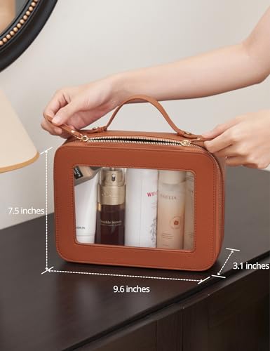 Popvibe Clear Makeup Bag Toiletry Case Travel Transparent Cosmetic Bag with Zipper, Portable Make Up Organizer Traveling Compact Car Bag for Essentials - color: Brown, style: Large Luxe