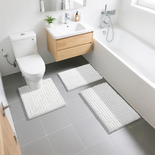 Yimobra Bathroom Rugs Non Slip Washable - Ultra Soft Absorbent Chenille Bath Mat, Quick Dry Shaggy Floor Carpet for Tub Shower, White Home Decor Accessories, 24x17 Inch - color: White, size: 24" X 17"