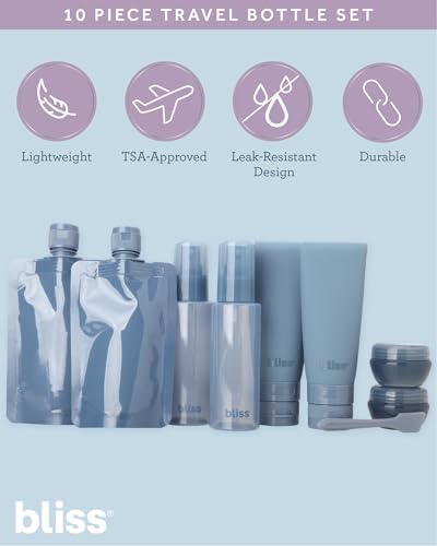 Bliss Travel Bottles Set - 10PC TSA Approved Leak Proof Refillable Travel Size Toiletries Containers for Shampoo Conditioner Lotion & Skincare, Size One Size, Denim Blue - color: Denim Blue