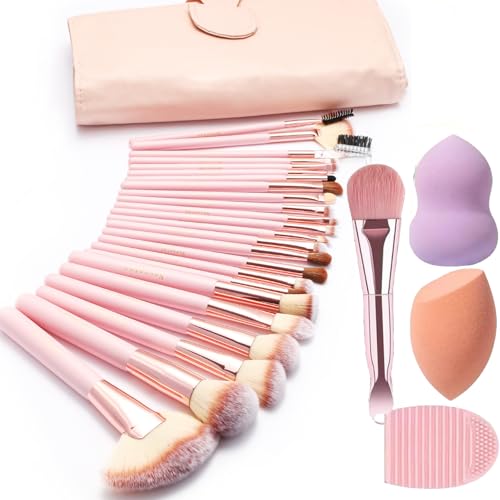 Makeup Brushes, Quality Make Up Brushes 28Pcs Makeup Brushes Set Professional & Beginner Make-up Sets & Case, Brushes & Sponges,Travel-Friendly Roll-up Beauty Gift Sets for Women, PINK - color: Pink