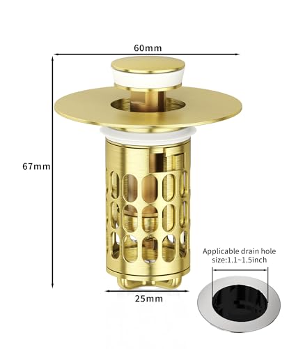 QYHNYJF Upgraded Bathroom Sink Stopper with Hair Catcher - Universal Pop-Up Drain Plug, Stainless Steel & Silicone Seal for 1.1-1.5 Inch Drains, Gold Matte Brushed Finish (Gold Matte Brushed) - color: Gold Matte Brushed