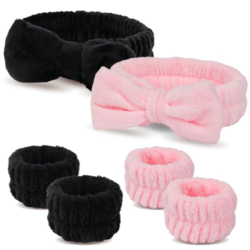 WSYUB Spa Headband and Wristbands for Face Washing,Face Wash Headband and Wristband Set,Black and Pink,6pcs - color: Black and Pink