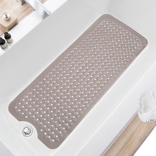 TEESHLY Bath Tub and Shower Mats, Non Slip 40 x 16 Inch Extra Long Bathtub Mat, Machine Washable Bathmat with Drain Holes, Suction Cups for Bathroom Floor, Tan - color: Tan