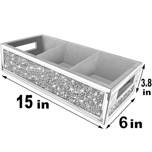Wocred Bathroom Basket Toilet Tank Upgrade,Crushed Diamond Mirrored Bathroom Tray Wall-Mounted,3 Layer partition Storage Organizer fits Dresser Bedroom,Bathroom,Coffee Table.(15”x6”x3.8”) - color: Silver - 6 Inch (3 Compartment)