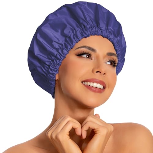 Edoneery Reusable Shower Caps for Women, Waterproof Long Hair Bonnet | Washable Design, Wide Elastic Band, Large Fit, Holds Long Hair, Braids Friendly, Bath Accessories, Spa, Travel - color: Dark Blue Purple