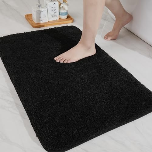 COSY HOMEER Bathroom Rugs Mat 20”x32” Absorbent Non-Slip Bath Mat Plush Shaggy Machine Washable Bath Rugs Soft Polyester Bath Mats for Bathroom Floor,Tub and Shower,Black - color: Black, size: 1'8" X 2'8" (Rectangular)