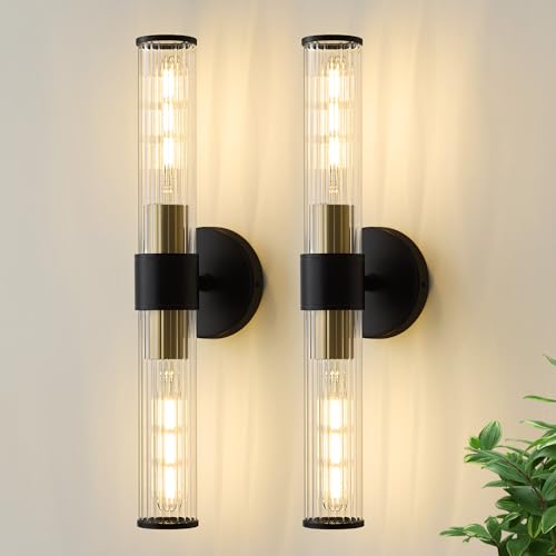 Bathroom Light Fixtures 2 Pack Hardwired, Black Gold Wall Sconce Threaded Glass Vanity Light Featuring Two E26 sockets, Bathroom Wall Light Dimmable - Bulb Not Included, UL Certification - color: Black Gold Threaded Glass-2Pack